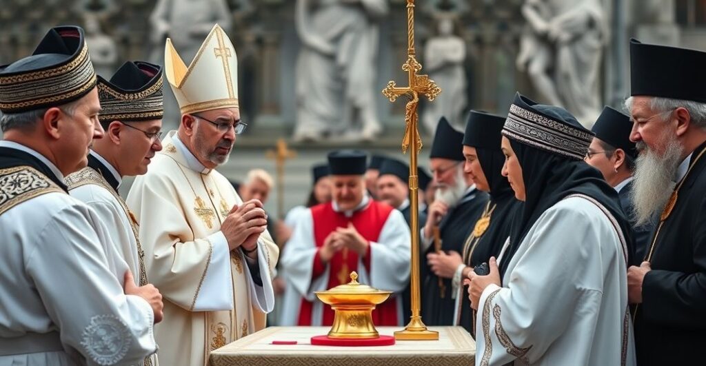 Fotografia realistyczna katolickiej uroczystości dziękczynnej na Jasnej Górze z duchownymi i wiernymi w tradycyjnych szatach, ukazująca głęboki szacunek i ortodoksyjne praktyki religijne