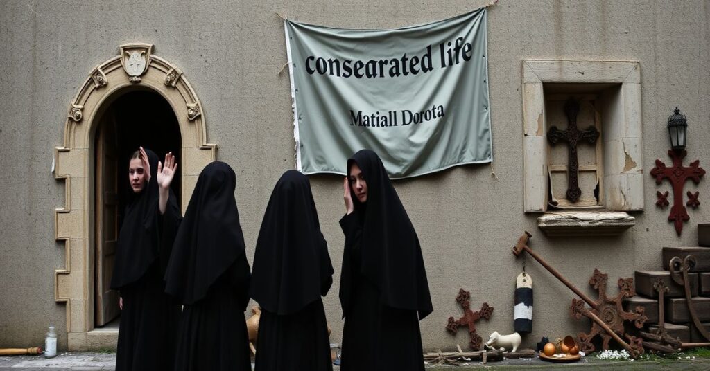 Smętna scena na Jasnej Górze. Grupa "paulinów" w modernistycznym stroju stoi przed zburzanym kościołem, twarze pełne fałszywej pobożności. Siostra Maria Dorota patrzy z klasztornego okna, łamiąc tradycyjne reguły klauzury. W tle wiał się wyblakły sztandar "życia konsekrowanego", podczas gdy dawne katolickie symbole leżały porzucone.