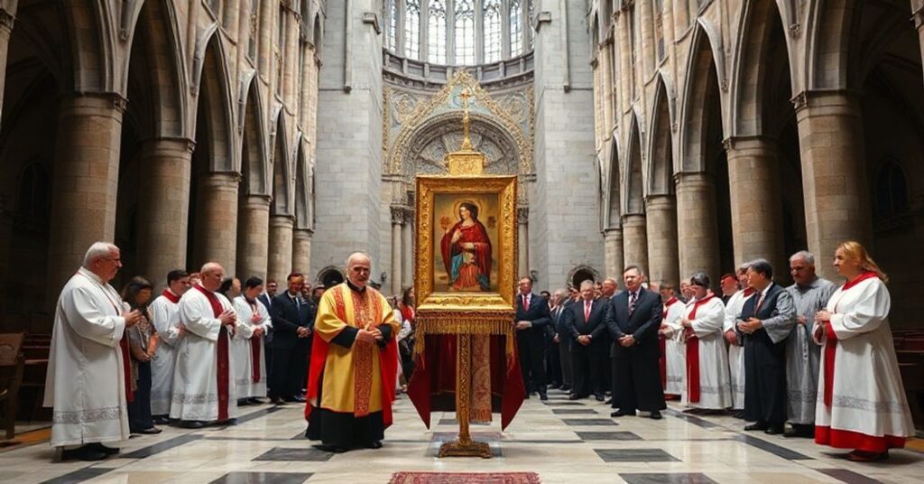 Solemne zdjęcie przedstawiające kontrowersyjne wprowadzenie kopii Jasnogórskiej Ikony do Kaplicy Polskiej w katedrze Notre-Dame w Paryżu