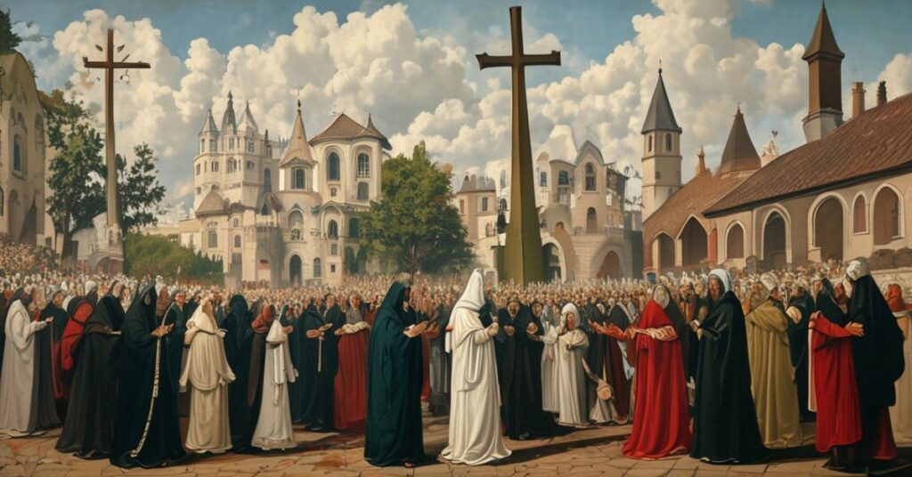 Procesja katolicka na Jasnej Górze z modlącymi się wiernymi i o. Marcinem Ciechanowskim podczas modernistycznych rekolekcji.