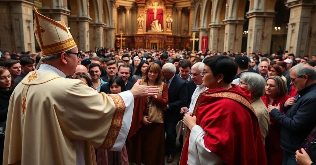Ksiądz w tradycyjnych szatach liturgicznych stoi przed grupą osób w Sanktuarium Jasnej Góry, w tym przedstawicieli środowisk LGBTQ+ i osób żyjących w niekanonicznych związkach. Scena symbolizuje konflikt między katolicką doktryną a modernistycznymi kompromisami.