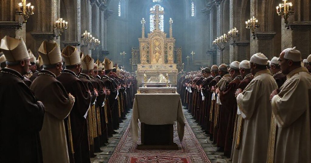 Grupa biskupów w tradycyjnym stroju episkopalnym na tle Jasnej Góry, symbolizująca duchową pustkę i modernistyczne deformacje w katolickiej duchowości.