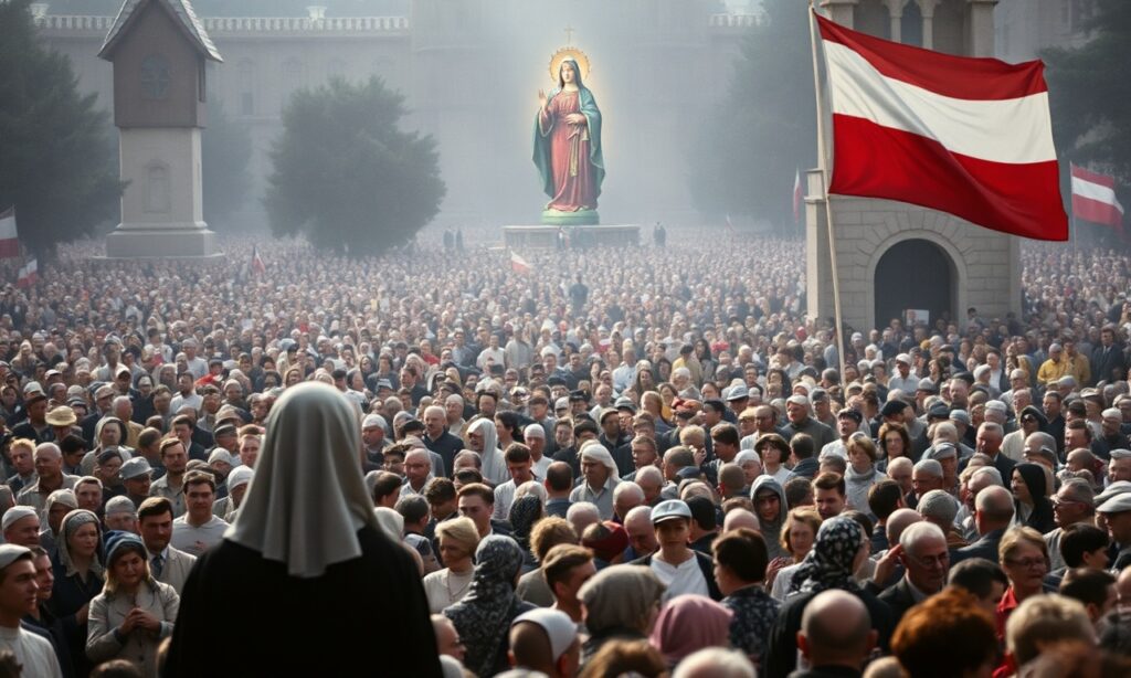 Obraz przedstawiający Jasnogórskie Śluby Narodu z 1956 roku z tłumem wiernych przed Klasztorem na Jasnej Górze