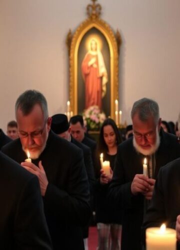 Jasnogórskie Śluby Narodu - między wiarą a rytuałem Grupa wiernych modlących się przed obrazem Matki Bożej w Jasnej Górze podczas uroczystości z okazji 70. rocznicy Ślubów Narodu