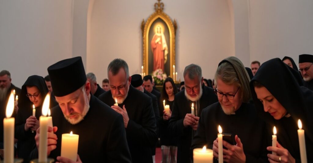 Grupa wiernych modlących się przed obrazem Matki Bożej w Jasnej Górze podczas uroczystości z okazji 70. rocznicy Ślubów Narodu