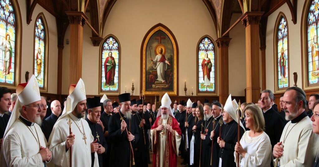 Tradycyjne katolickie zgromadzenie w kościele z biskupami Marianem Florczkiem i Andrzejem Przybylskim, omawiające Jasnogórskie Śluby z brzemiennym akcentem na brak wymiaru nadprzyrodzonego.