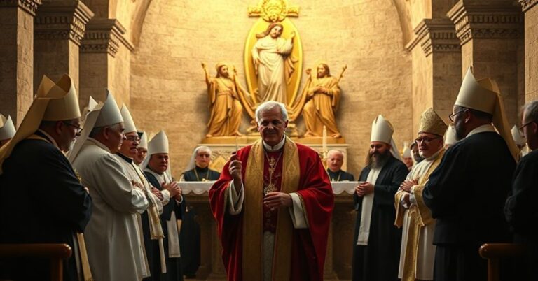 Wiceprezydent USA J.D. Vance uczestniczy w ekumenicznej falszywej mszy w Kościele Grobu Świętego w Jerozolimie, otoczony biskupami heretyckimi i modernistycznymi kapłanami.