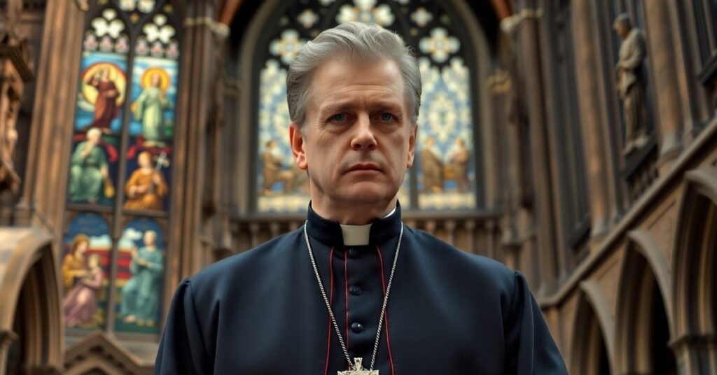Portret JD Vance'a przed katedrą w tradycyjnym stroju katolickim, symbolizujący fałszywą konwersję i duchowe pustkowie.