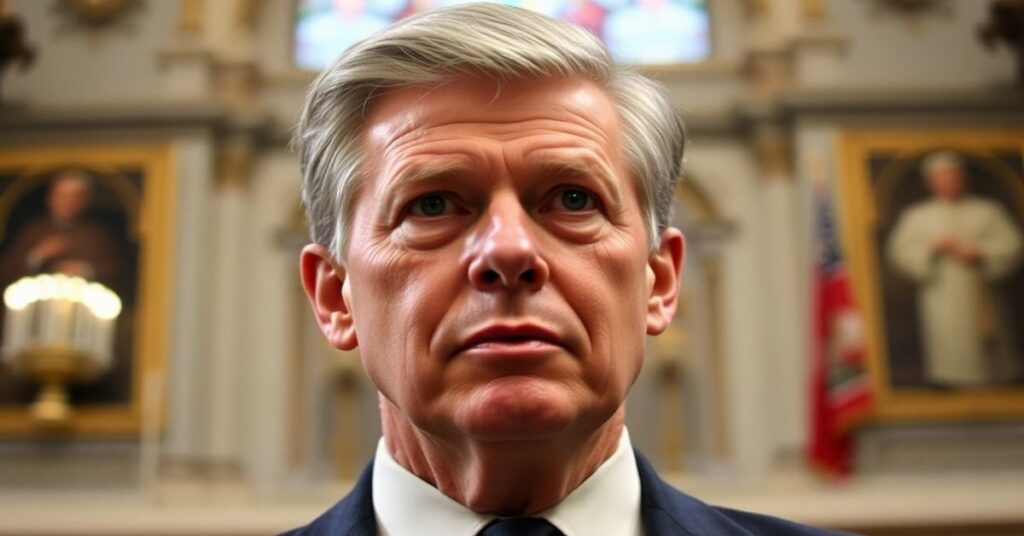 Portret J.D. Vance'a, wiceprezydenta USA, w poważnym ustawieniu z tłem tradycyjnego wnętrza kościelnego. Scena ilustruje napięcie między świecką władzą a postkoncyliarnymi strukturami Watykanu.