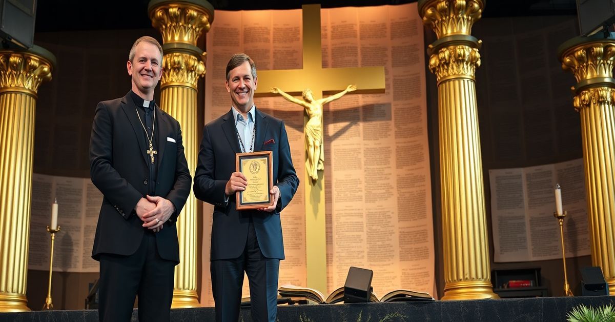 Jeff Cavins i ojciec Mike Schmitz otrzymują nagrodę Pillar Award w Muzeum Biblii w Waszyngtonie. Scena jest realistyczna i pełna weneracji.