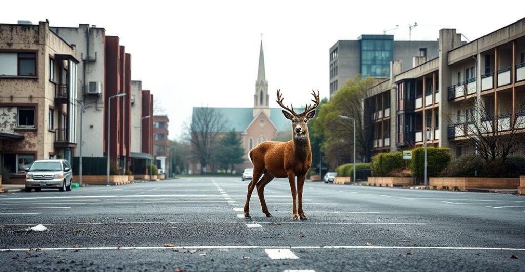 Ozdobny jelen stoi w miejskim krajobrazie, symbolizując zakłócenie porządku naturalnego. Na tle widoczna jest odległa wieża kościelna.