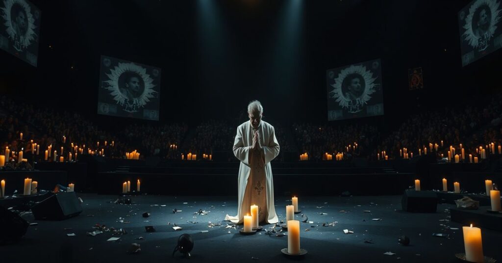 Scena przedstawiająca Jelly Rolla w modlitwie katolickiej podczas nagradzania na Grammy, otoczonego przez chaos i bluzgierstwo przemysłu rozrywkowego.