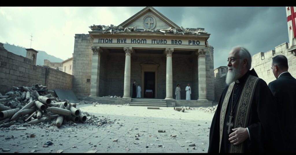 Oblężone rzeczywistością modernizmu bazylika w Jerozolimie z fragmentami rakiet i 'bp.' Williamem Shomali w tle