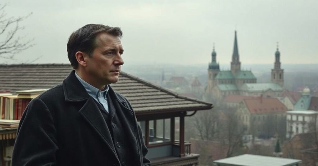 Jerzy Giedroyc przed siedzibą "Kultury", symbolizując sekularyzację polskiej myśli katolickiej