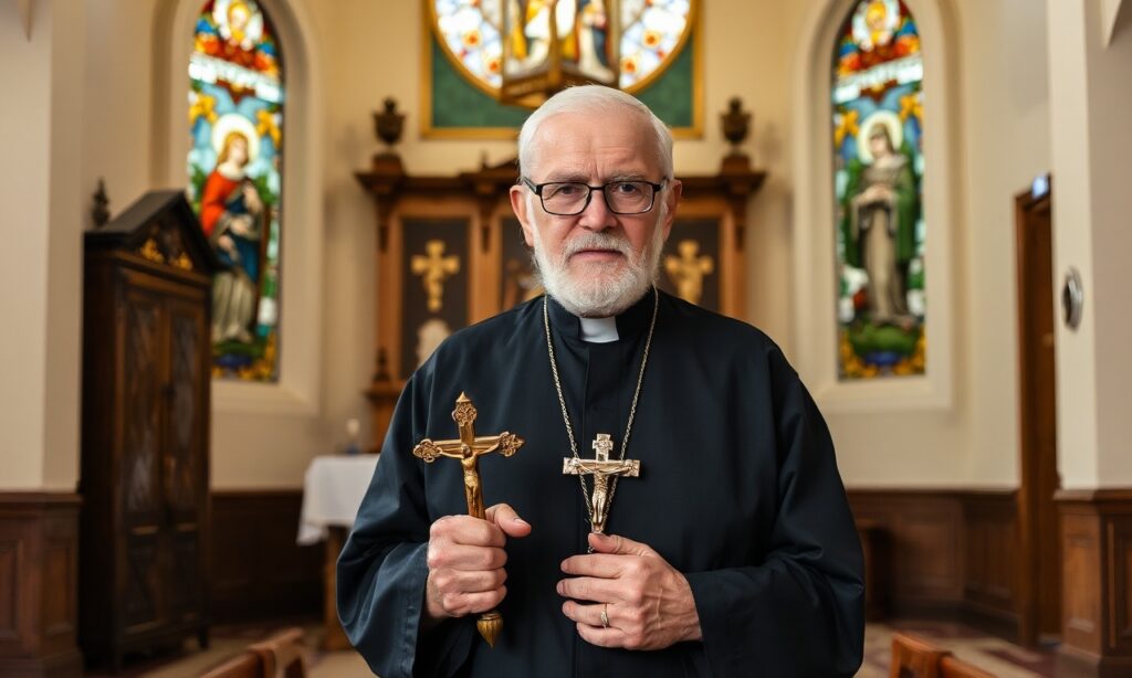 Zdjęcie przedstawia Jerzego Nowaczyka w tradycyjnym sanktuarium kościoła Podwyższenia Krzyża Świętego w Zielonej Górze