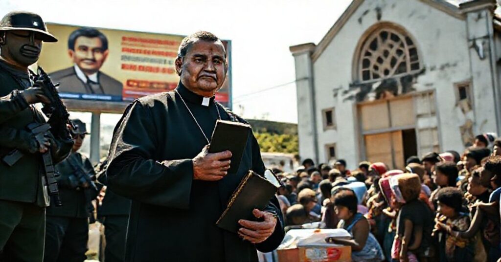 Ks. Numa Molina, jezuita, stoi przed biednymi ludźmi w Wenezueli w otoczeniu socjalistycznych żołnierzy. Scena przedstawia jego kontrowersyjną rolę jako duchowego doradcy Nicolása Maduro.