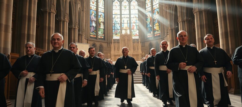 Procesja jezuitów w tradycyjnych sutannach i albach na tle współczesnych symboli apostazji