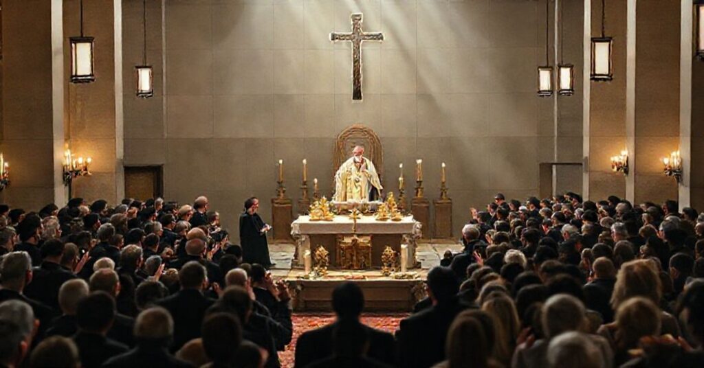 Wnętrze modernistycznego kościoła podczas fałszywej liturgii z udziałem jezuitów i rzekomego biskupa Macieja Małygi