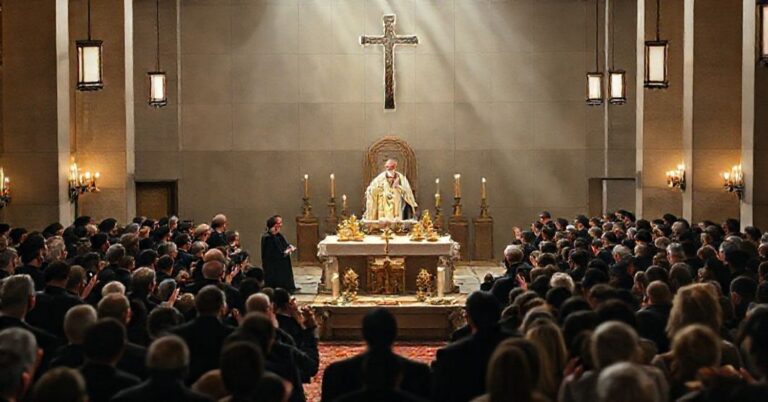 Wnętrze modernistycznego kościoła podczas fałszywej liturgii z udziałem jezuitów i rzekomego biskupa Macieja Małygi