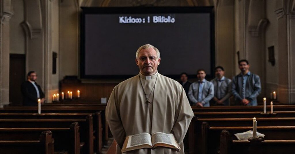 Tradycyjny ksiądz w sutannie patrzy z rozczarowaniem na grupę mężczyzn oglądających film w kościele podczas rekolekcji jezuitów w Gdyni.