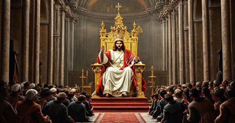 Tradycyjny katolicki obraz Jezusa Chrystusa jako Króla na złotym tronie w wielkim katedrze z pokornymi wiernymi.