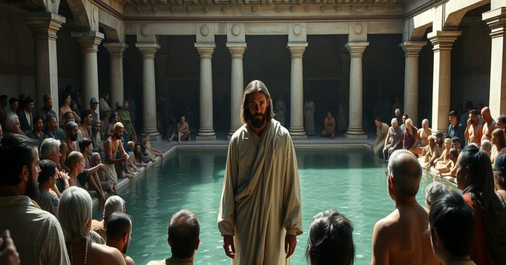 Scena biblijna z Jezusem Chrystusem uzdrawiającym chromego przy sadzawce Betesda