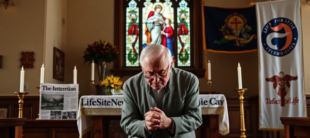 Portret Jima Hughesa, kanadyjskiego przywódcy ruchu pro-life, modlącego się przed tradycyjnym katolickim ołtarzem z krzyżem i świecami. Wokół znajdują się symbole jego życia: gazeta The Interim i logo LifeSiteNews.
