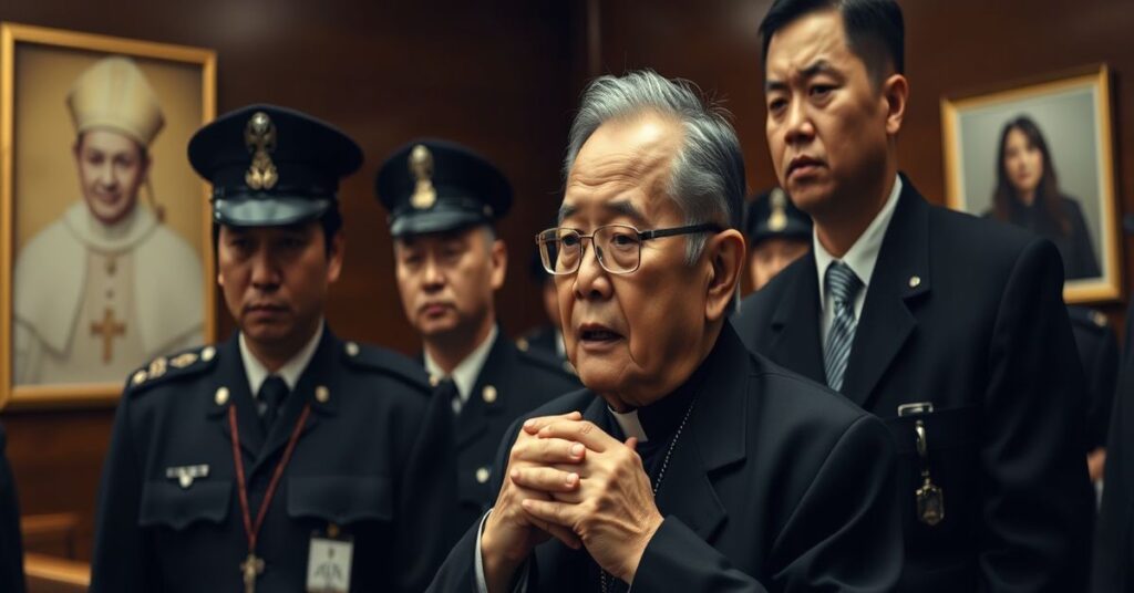 Obraz przedstawia 78-letniego Jimmy'ego Laia w sali sądowej w Hongkongu, otoczonego siłami bezpieczeństwa. Scena podkreśla konflikt między aktywizmem politycznym a prawdziwą wiarą katolicką.