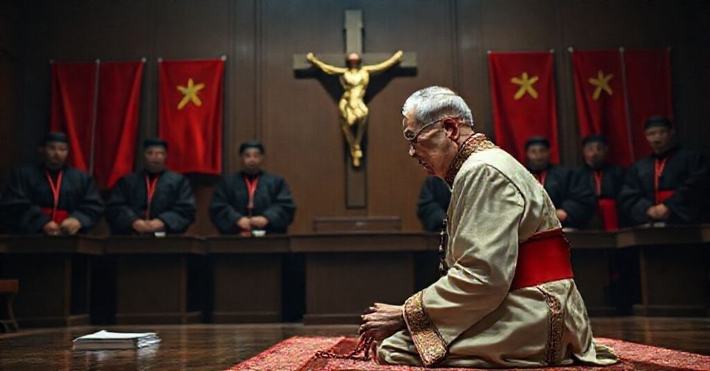 Jimmy Lai modli się przed krzyżem w chińskim sądzie komunistycznym