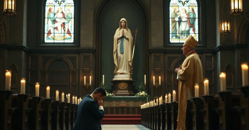 Wnętrze tradycyjnego kościoła katolickiego z klekającym Jimmy Lajem w modlitwie przed figurą Matki Bożej. Scena wyraża powagę i smutek, odzwierciedlając temat artykułu o politycznej prześladowaniu i teologicznej zdradzie.