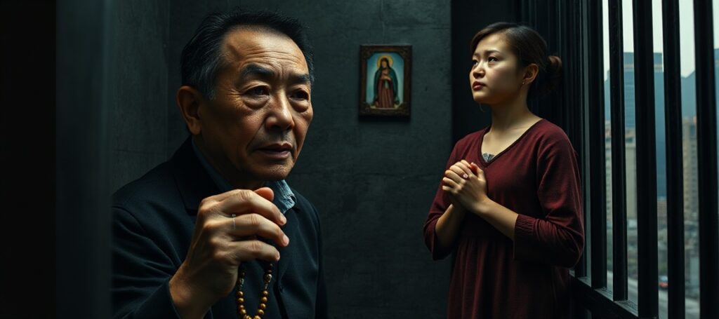 Jimmy Lai w celi więziennej z różańcem i obrazem Matki Bożej z Fatimy