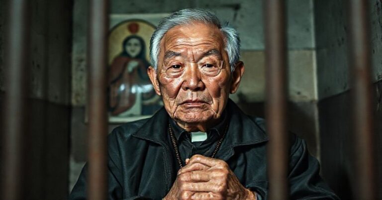 Portret Jimmy'ego Laia, katolickiego aktywisty z Hongkongu, osadzonego w więzieniu przez komunistyczny reżim. Osoba staruszka, chora i wyniszczona trzyma różaniec w więziennym celi.