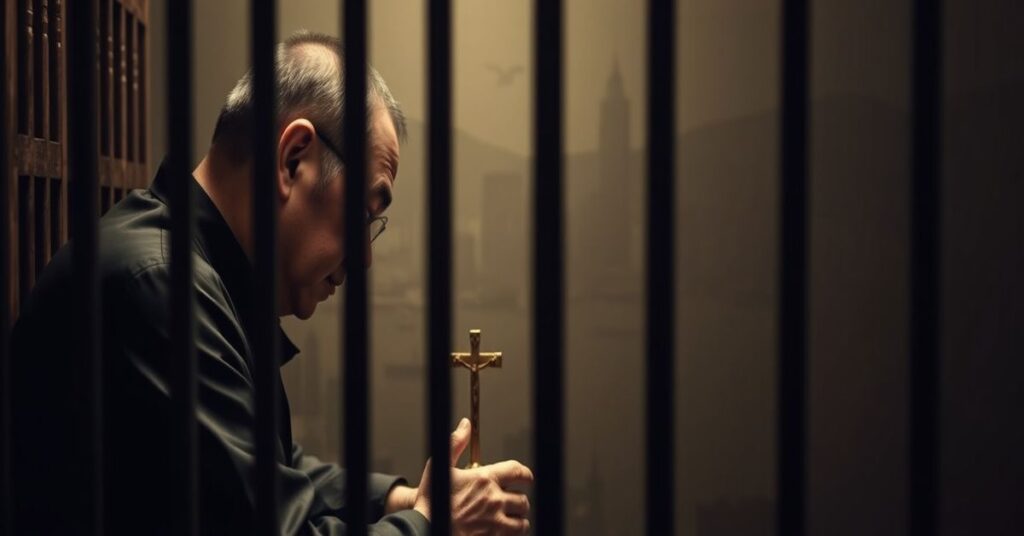 Portret Jimmy'ego Lai w celi więzienia w Hongkongu z krzyżem i modlitwą