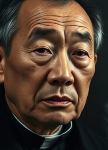 Jimmy Lai - Katolicki wydawca i więzień sumienia Portret Jimmy'ego Lai - katolickiego wydawcy uwięzionego w ciemnej celi więzienia w Hongkongu. Na tle widoczny krzyż i różaniec symbolizujące jego wiarę. Jego córka Claire Lai modli się za murami więzienia.