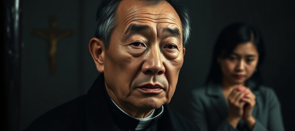 Portret Jimmy'ego Lai - katolickiego wydawcy uwięzionego w ciemnej celi więzienia w Hongkongu. Na tle widoczny krzyż i różaniec symbolizujące jego wiarę. Jego córka Claire Lai modli się za murami więzienia.