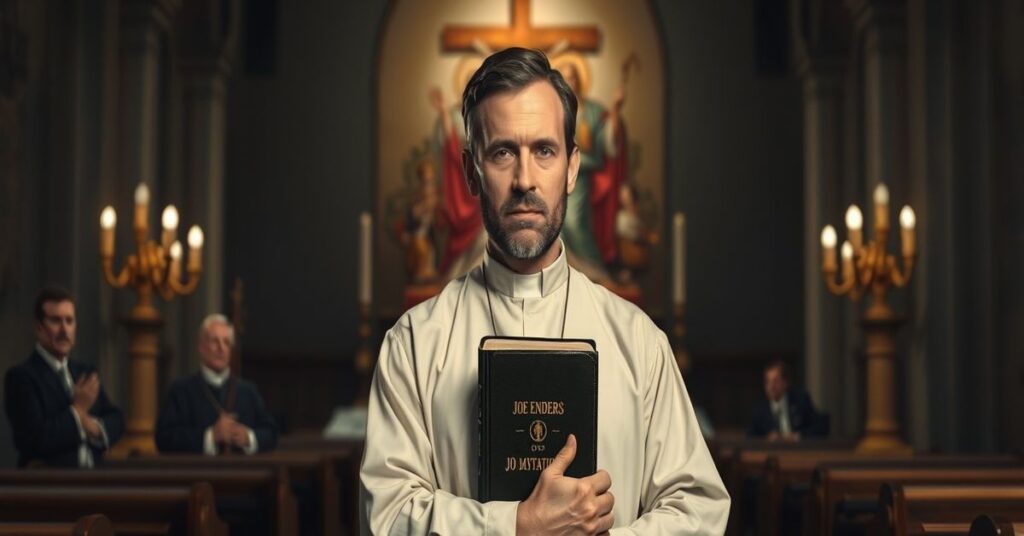 Joe Enders stoi w tradycyjnym kościele katolickim, trzymając Biblię, z poważnym wyrazem twarzy. Tło przedstawia rozmytych urzędników kościelnych symbolizujących współczesną hierarchię modernistyczną.