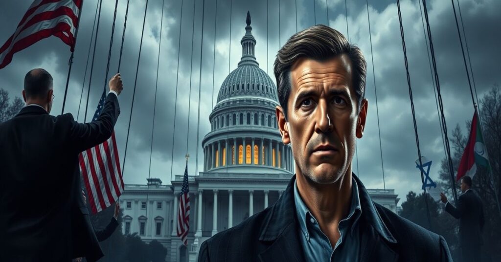 Joe Kent stoi przed Kapitolem w USA z wyrazem głębokiego konfliktu moralnego. Za nim ciszą się tajemnicze postacie w garniturach manipulujące lalkami na sznurkach, symbolizując wpływ lobby izraelskiego. Kapitól ozdobiony jest flagami amerykańskimi i syjonistycznymi, a w tle ledwie widoczna lampka sanktuarium przypomina o braku Chrystusa Króla. Scena oświetlona jest zimnym, przemysłowym światłem podkreślającym duchową pustkę we współczesnej rządzie.