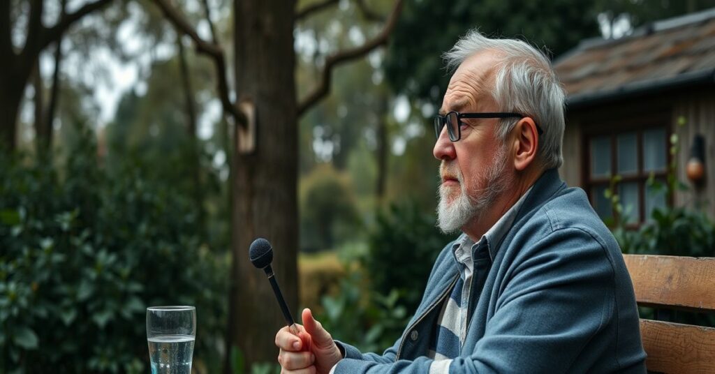 Joe Rogan rozmyślający nad Ewangelią w ogrodzie klasztornym.