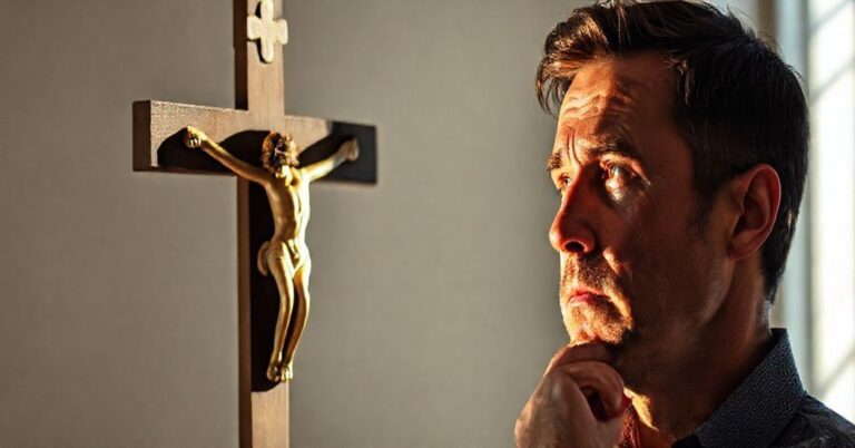 Mężczyzna zastanawiający się nad krzyżem katolickim w promieniach słońca