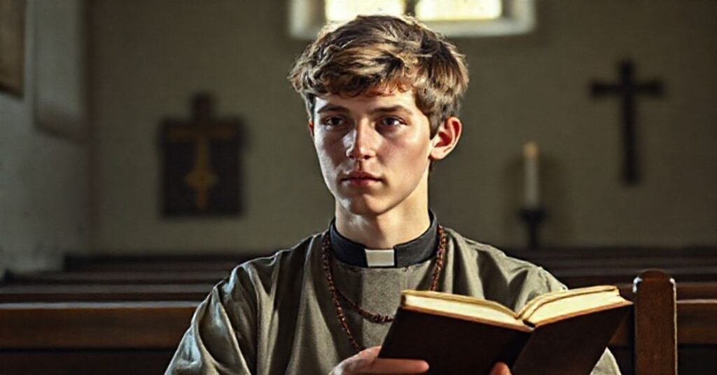 Tradycyjne katolickie przedstawienie Joe Wilsona w pokojowej scenerii kościelnej z symbolami wiary