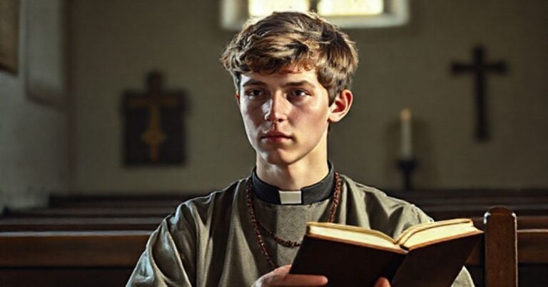 Tradycyjne katolickie przedstawienie Joe Wilsona w pokojowej scenerii kościelnej z symbolami wiary