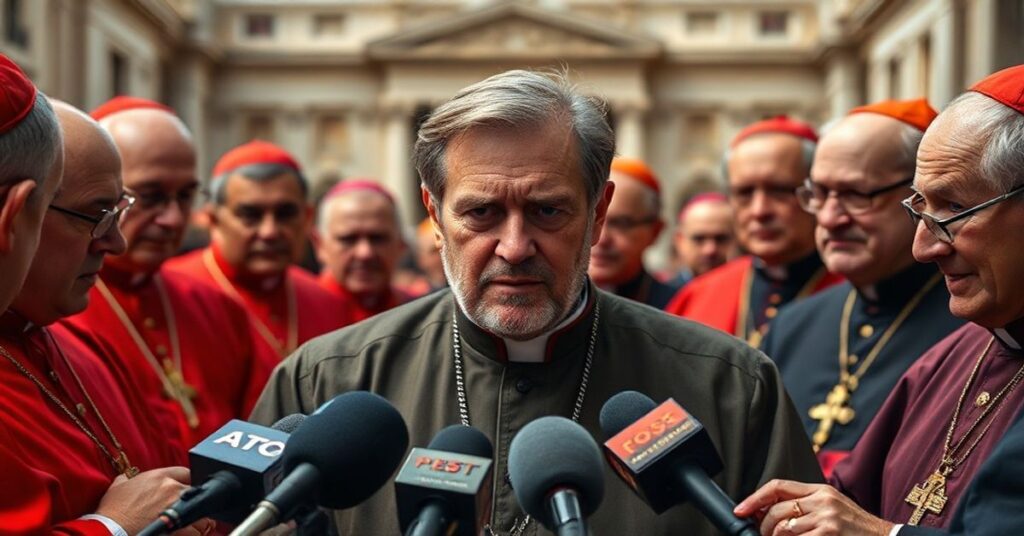 John Allen Jr. na konferencji prasowej w Watykanie otoczony przez modernistowskich kardynałów z widokiem na Bazylikę św. Piotra