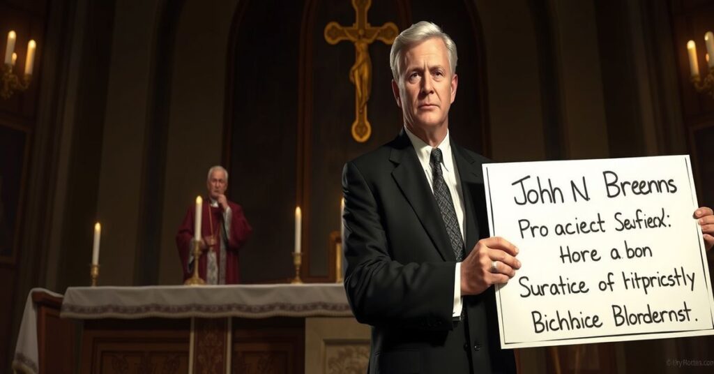 John Breen protestuje przed tradycyjnym ołtarzem przeciwko planom kardynała Cupicha uhonorowania pro-aborcyjnego senatora Durquina