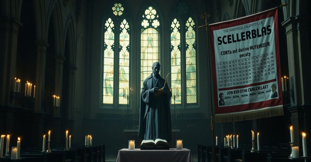 Wnętrze tradycyjnego kościoła katolickiego z rzeźbą Johna Henry'ego Newmana na pierwszym planie.