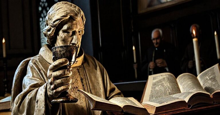 Tradycyjny kościelny wnętrze z rzeźbą Johna Henry'ego Newmana otoczonego księgami teologii modernistycznej, z półmrokiem i oczami świętych Piusa X i Piusa XII w tle.