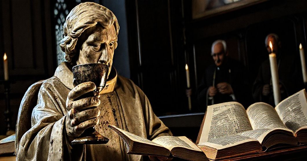 Tradycyjny kościelny wnętrze z rzeźbą Johna Henry'ego Newmana otoczonego księgami teologii modernistycznej, z półmrokiem i oczami świętych Piusa X i Piusa XII w tle.