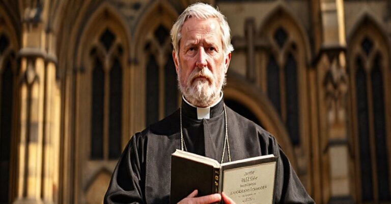 Wizerunek Johna Henry'ego Newmana, przedstawiający go w tradycyjnym stroju kościelnym, z książką o rozwoju doktryny chrześcijańskiej, symbolizujący jego wpływ na nowoczesny modernizm i odchylenia od prawdziwej wiary.