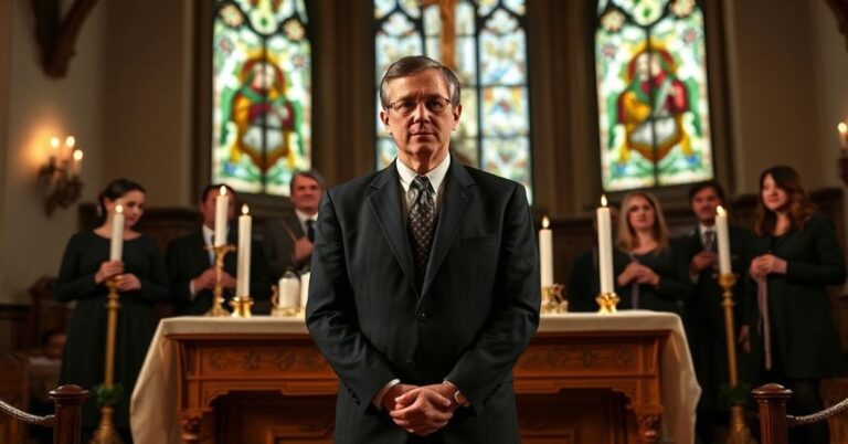 John-Henry Westen stoi przed tradycyjnym ołtarzem katolickim z zapalonymi świecami i ornamentami religijnymi. Scena jest oswietlona przez witraże w kościele.