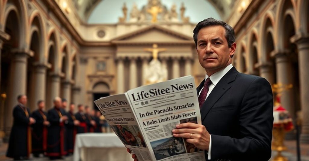 John-Henry Westen z LifeSiteNews stojący przed Watykanem z gazetą w ręku, otoczony przez tradycyjne katolickie symbole i modernistycznymi duchownymi.