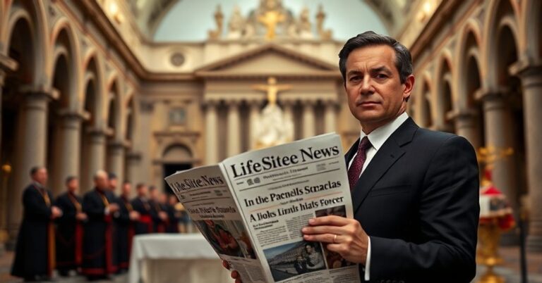 John-Henry Westen z LifeSiteNews stojący przed Watykanem z gazetą w ręku, otoczony przez tradycyjne katolickie symbole i modernistycznymi duchownymi.